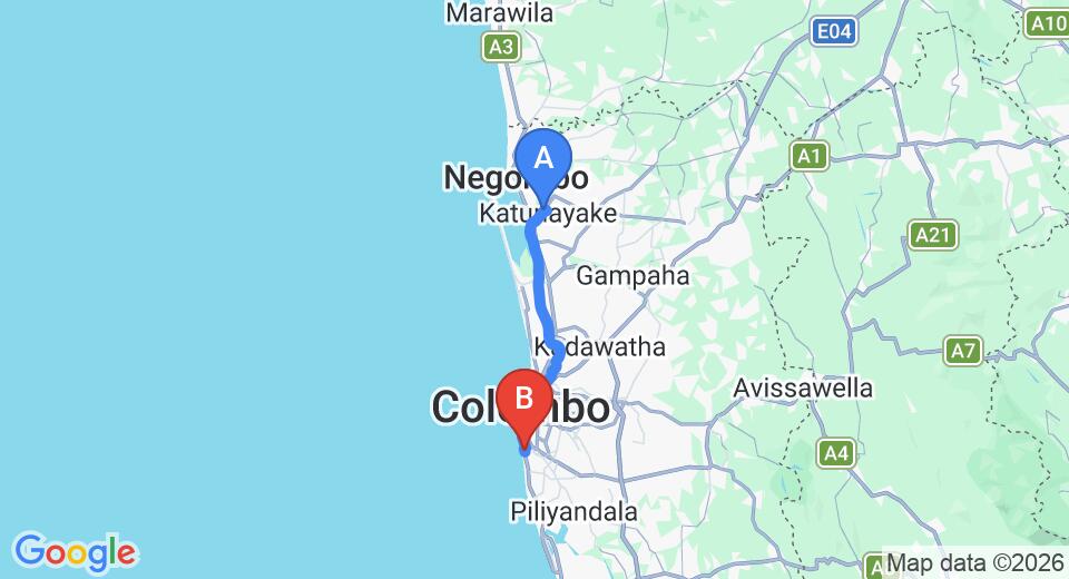 Driving route map: Colombo Airport (CMB) to Colombo 6 (38 km, approx 55 min private transfer)