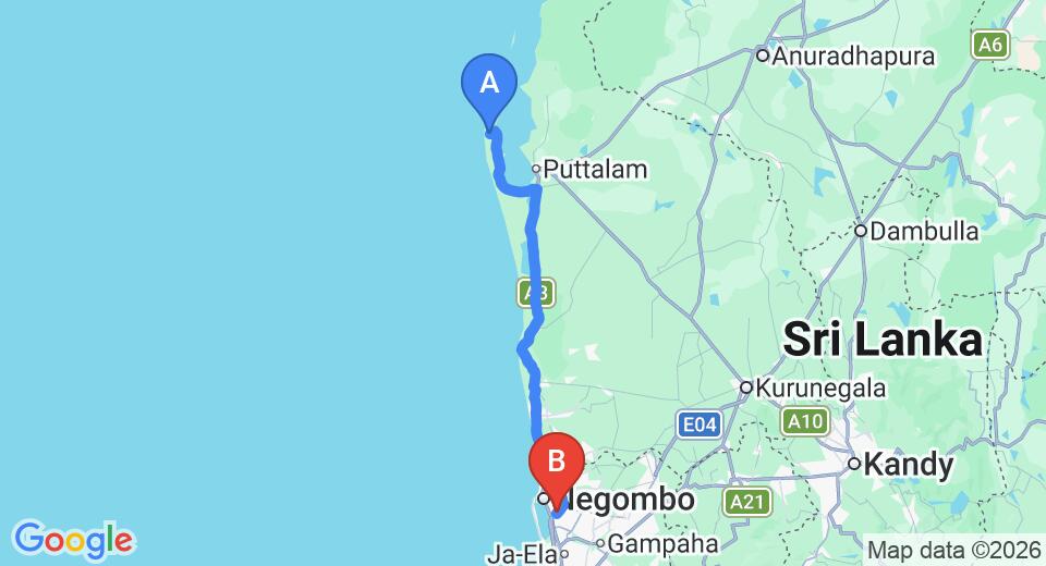 Driving route map: Kalkudah to Colombo Airport (CMB) (127 km, approx 3 h 2 min private transfer)