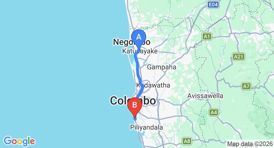 Driving route map: Colombo Airport (CMB) to Lavinia Villa, Mount Lavinia (42 km, approx 1 h 8 min private transfer)