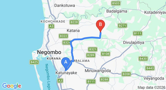 Driving route map: Colombo Airport (CMB) to Ihala Madampella (15 km, approx 29 min private transfer)