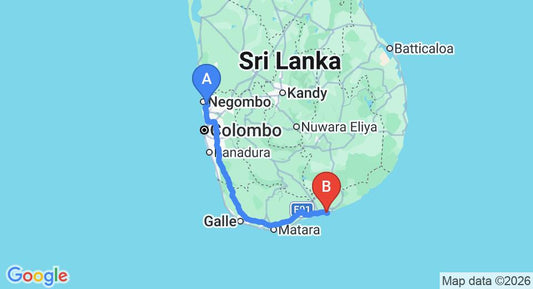 Driving route map: Colombo Airport (CMB) to Oasis Hotel, Hambantota (245 km, approx 3 h 27 min private transfer)