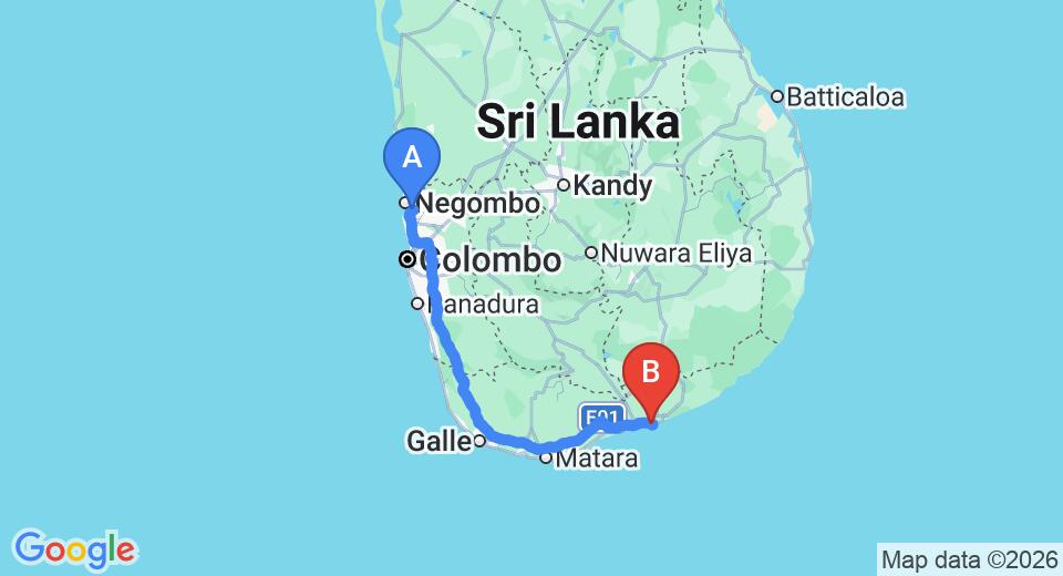 Driving route map: Colombo Airport (CMB) to The Oasis Ayurveda Beach Resort, Hambantota (245 km, approx 3 h 27 min private transfer)