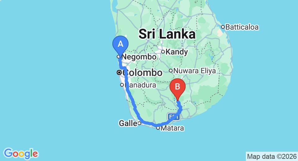 Driving route map: Colombo Airport (CMB) to Elephant Rest Hotel, Udawalawe (261 km, approx 3 h 37 min private transfer)