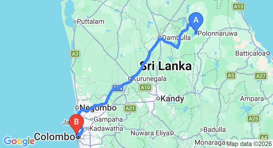 Driving route map: Polonnaruwa to Colombo Seaport (232 km, approx 4 h 40 min private transfer)