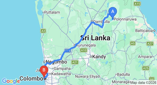 Driving route map: Polonnaruwa to Colombo Seaport (232 km, approx 4 h 40 min private transfer)