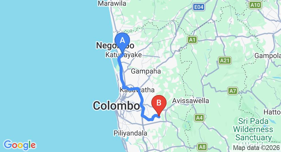 Driving route map: Colombo Airport (CMB) to Batawala (55 km, approx 1 h 6 min private transfer)