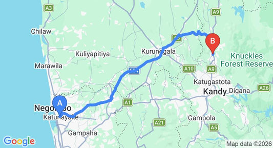 Driving route map: Colombo Airport (CMB) to Re-Western Holiday Village, Matale (123 km, approx 2 h 53 min private transfer)
