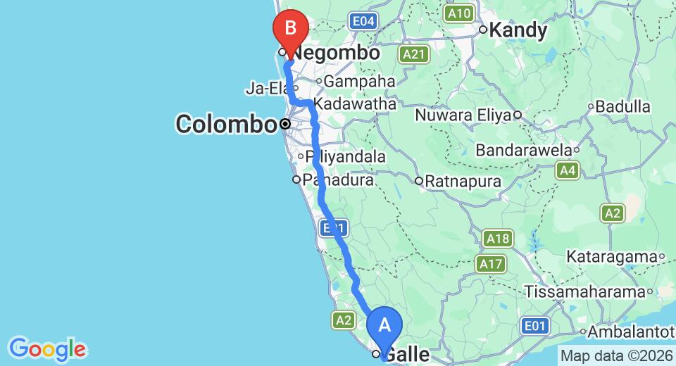 Driving route map: Unawatuna to Colombo Airport (CMB) (150 km, approx 2 h 1 min private transfer)