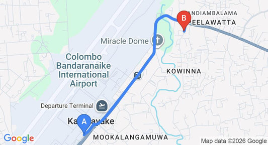 Driving route map: Colombo Airport (CMB) to Yoho A4 Holiday Inn, Negombo (3 km, approx 8 min private transfer)