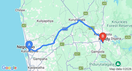 Driving route map: Colombo Airport (CMB) to Hantane Shadow Resort, Kandy (116 km, approx 2 h 59 min private transfer)