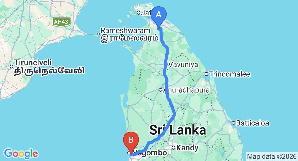 Driving route map: Kilinochchi to Colombo Airport (CMB) (314 km, approx 6 h 12 min private transfer)