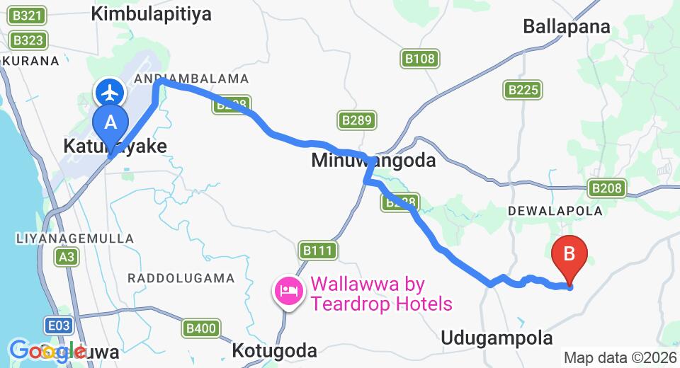 Driving route map: Colombo Airport (CMB) to Pethiyagoda (16 km, approx 34 min private transfer)