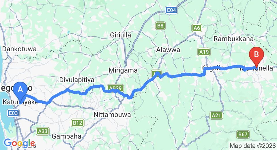 Driving route map: Colombo Airport (CMB) to Mawanella (79 km, approx 2 h 13 min private transfer)