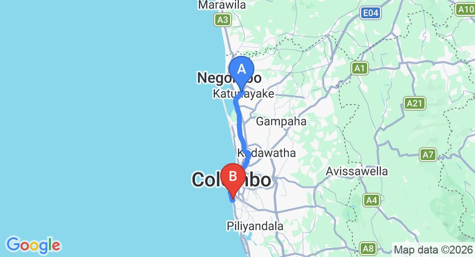 Driving route map: Colombo Airport (CMB) to Lafala Hotel and Service Apartment, Wellawatte (39 km, approx 58 min private transfer)
