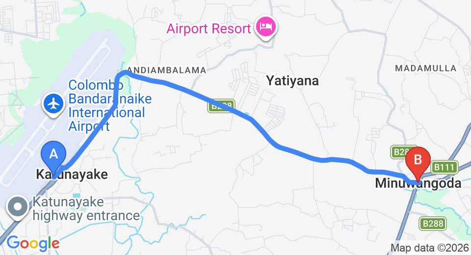 Driving route map: Colombo Airport (CMB) to Minuwangoda (9 km, approx 19 min private transfer)