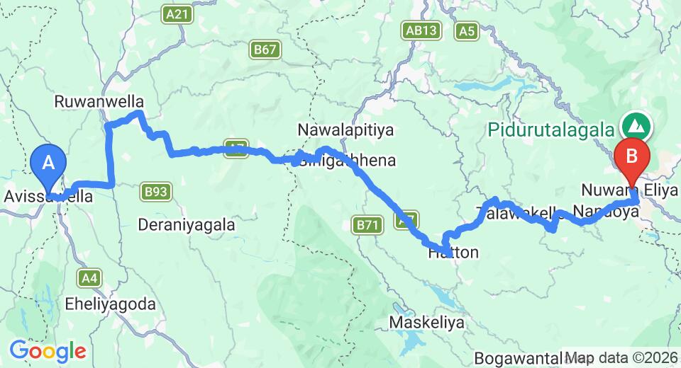 Driving route map: Avissawella to Nuwara Eliya (110 km, approx 3 h 24 min private transfer)