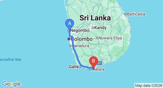 Driving route map: Colombo Airport (CMB) to Ani Villas, Dikwella (198 km, approx 2 h 50 min private transfer)