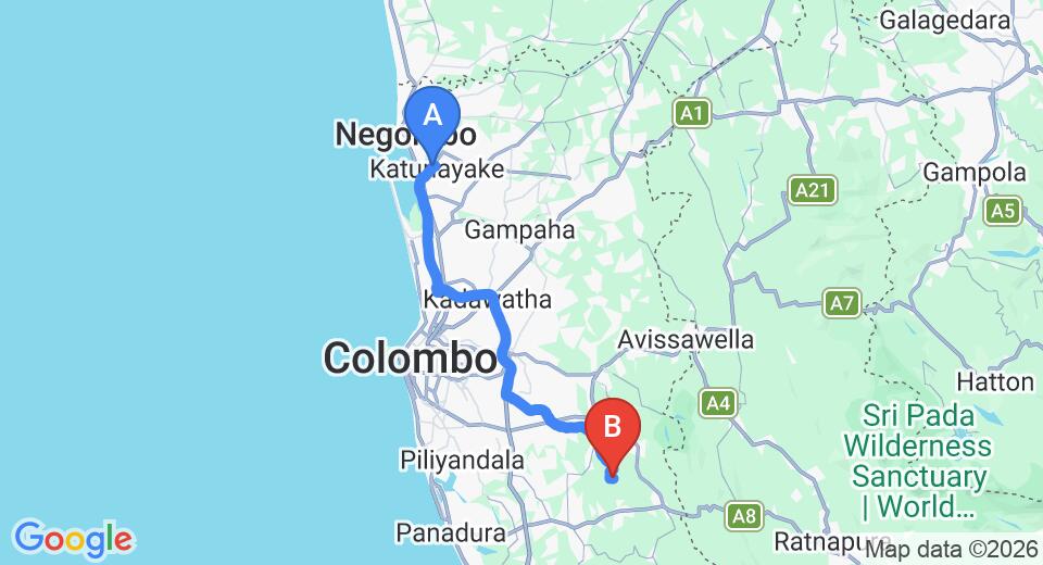 Driving route map: Colombo Airport (CMB) to Kahawala (67 km, approx 1 h 27 min private transfer)