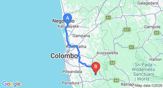 Driving route map: Colombo Airport (CMB) to Kahawala (67 km, approx 1 h 27 min private transfer)