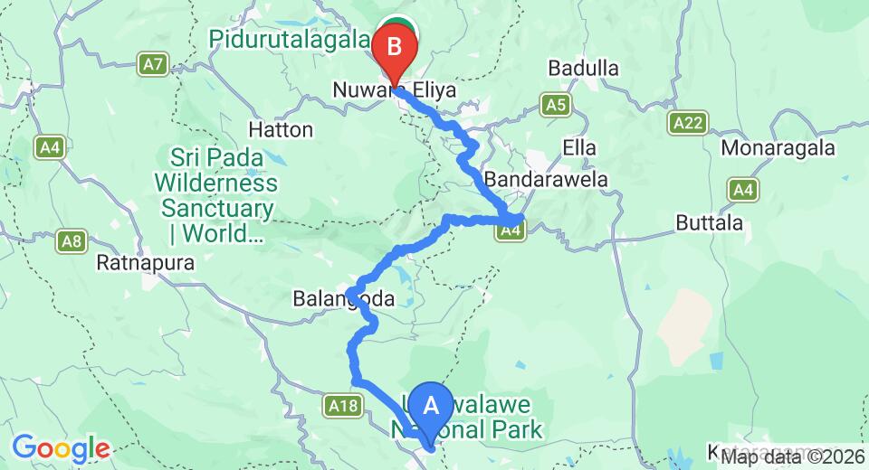 Driving route map: Udawalawe to Nuwara Eliya (132 km, approx 3 h 59 min private transfer)