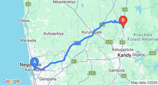 Driving route map: Colombo Airport (CMB) to New Cristal Hill Hotel, Matale (117 km, approx 2 h 40 min private transfer)