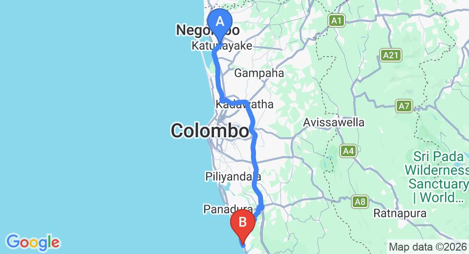 Driving route map: Colombo Airport (CMB) to Royal Palms Beach Hotel, Kalutara (80 km, approx 1 h 26 min private transfer)
