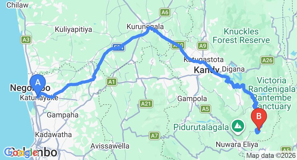 Driving route map: Colombo Airport (CMB) to Stafford Bungalow, Nuwara Eliya (190 km, approx 5 h 7 min private transfer)