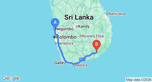 Driving route map: Colombo Airport (CMB) to Samwill Holiday Resort, Kataragama (284 km, approx 3 h 43 min private transfer)