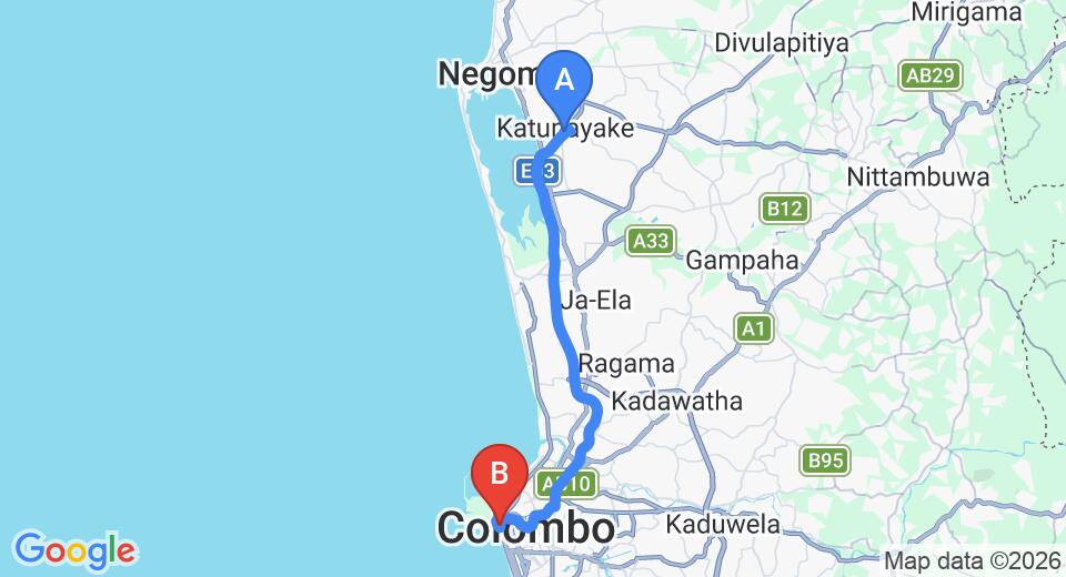Driving route map: Colombo Airport (CMB) to Shangri La Hotel Colombo, Colombo (35 km, approx 48 min private transfer)