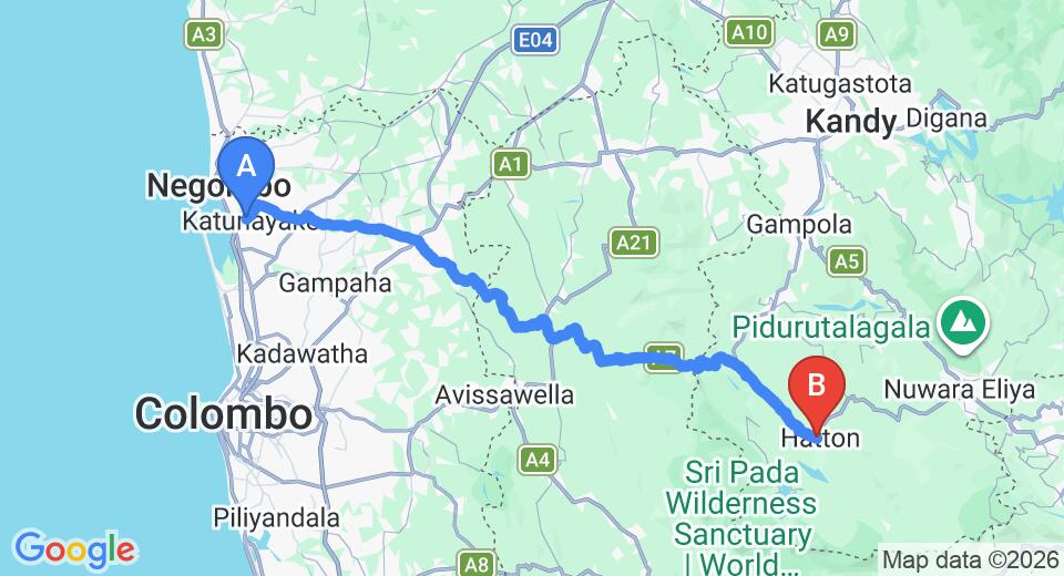 Driving route map: Colombo Airport (CMB) to Rest House - Hatton, Hatton (115 km, approx 3 h 32 min private transfer)