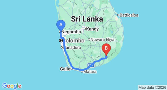 Driving route map: Colombo Airport (CMB) to Ackara Vissa Eco Farm Retreat & Yala Safar, Yala (290 km, approx 3 h 54 min private transfer)