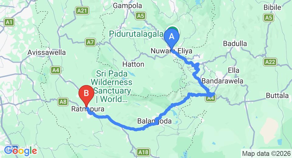 Driving route map: Nuwara Eliya to Ratnapura (140 km, approx 3 h 58 min private transfer)