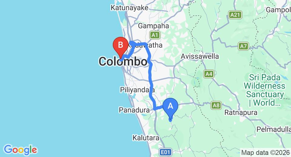 Driving route map: Yala to Colombo Seaport (73 km, approx 1 h 22 min private transfer)