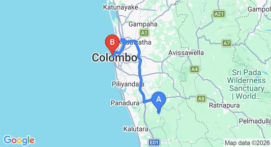Driving route map: Yala to Colombo Seaport (73 km, approx 1 h 22 min private transfer)