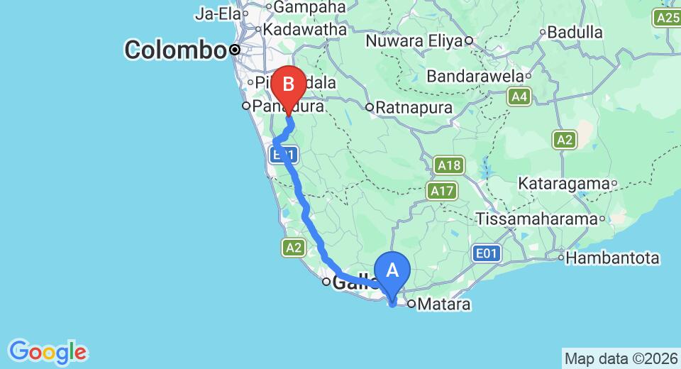 Driving route map: Mirissa to Yala (115 km, approx 2 h 2 min private transfer)
