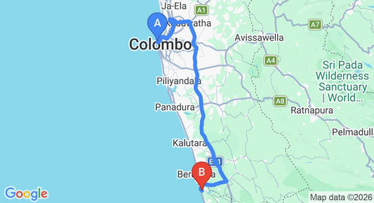 Driving route map: Colombo Seaport to Bentota (102 km, approx 1 h 37 min private transfer)