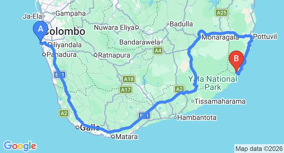 Driving route map: Ratmalana (RML) Airport to Kumana (427 km, approx 7 h 54 min private transfer)