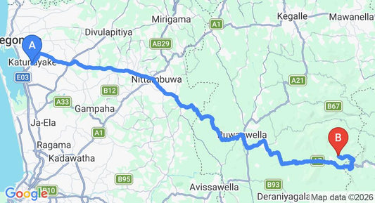 Driving route map: Colombo Airport (CMB) to Palm Stone Retreat, Kitulgala (94 km, approx 2 h 56 min private transfer)