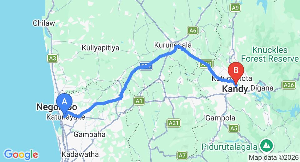 Driving route map: Colombo Airport (CMB) to Kandyan Hideout, Kandy (112 km, approx 2 h 46 min private transfer)