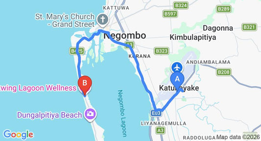 Driving route map: Colombo Airport (CMB) to Jetwing Thalahena Villa, Negombo (16 km, approx 35 min private transfer)