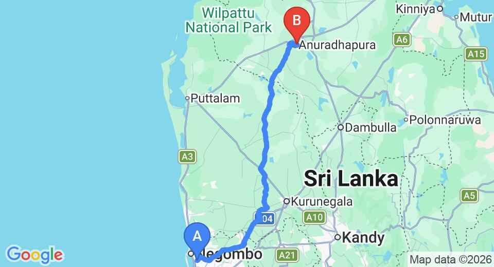 Driving route map: Colombo Airport (CMB) to Green Garden Holiday Bungalow, Anuradhapura (176 km, approx 3 h 50 min private transfer)