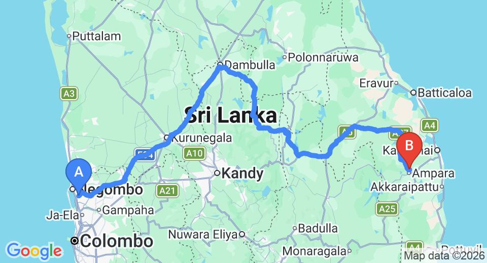 Driving route map: Colombo Airport (CMB) to Rajawewa Lake Resort, Ampara (322 km, approx 6 h 24 min private transfer)