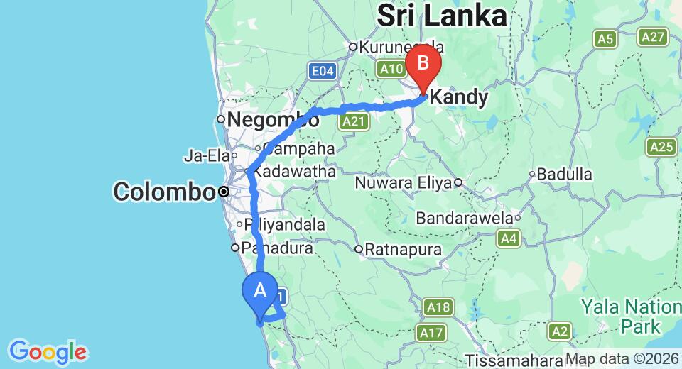 Driving route map: Bentota to Kandy (177 km, approx 4 h 9 min private transfer)