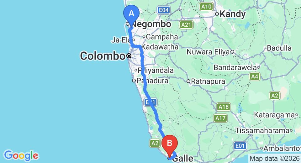 Driving route map: Colombo Airport (CMB) to The Dutch House, Galle (153 km, approx 2 h 11 min private transfer)