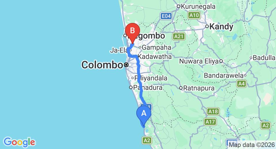 Driving route map: Kosgoda to Kotugoda (114 km, approx 1 h 56 min private transfer)