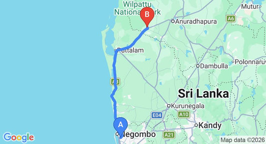 Driving route map: Colombo Airport (CMB) to Dilsara Holiday Resort, Anuradhapura (150 km, approx 3 h 26 min private transfer)