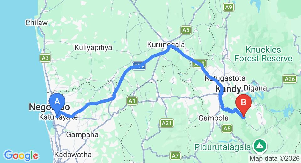 Driving route map: Colombo Airport (CMB) to Taylor's Hill Boutique Hotel, Kandy (140 km, approx 3 h 52 min private transfer)