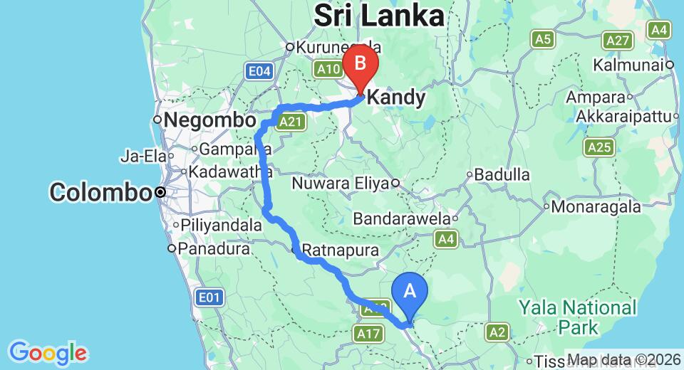 Driving route map: Udawalawe to Kandy (195 km, approx 5 h 38 min private transfer)