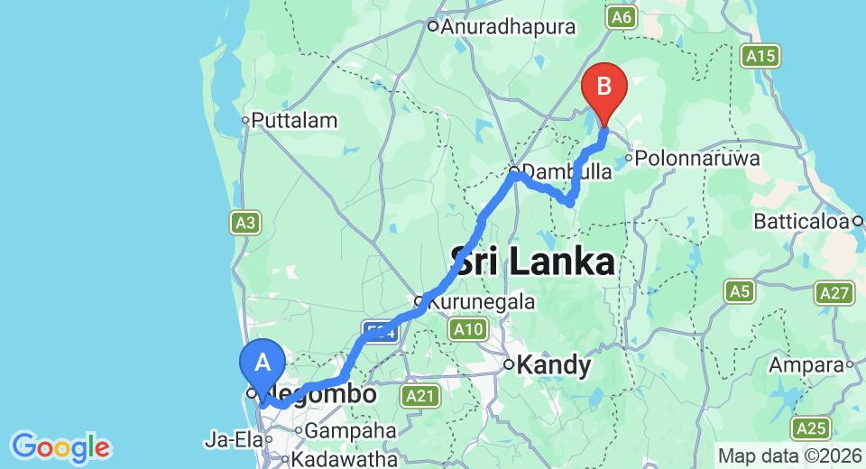 Driving route map: Colombo Airport (CMB) to Giritale Hotel, Giritale (184 km, approx 3 h 46 min private transfer)