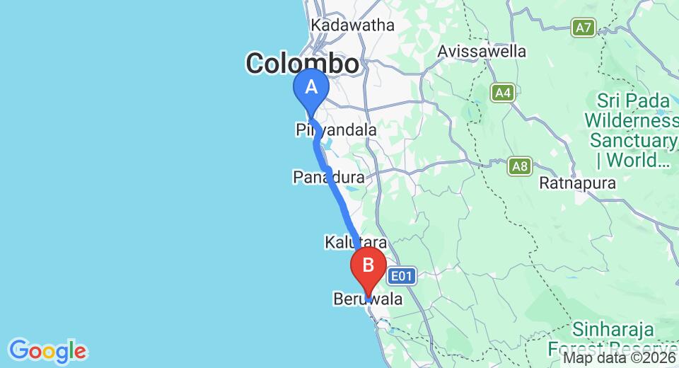Driving route map: Ratmalana (RML) Airport to Beruwala (42 km, approx 1 h 18 min private transfer)